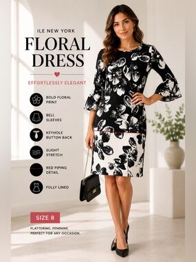 ILE New York Black & White Floral Bell‎ Sleeve Dress – Size 8